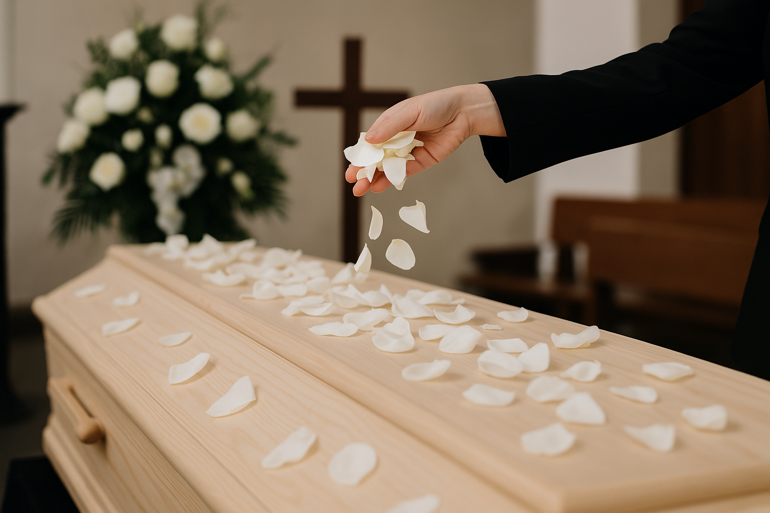 Una persona que deposita pétalos de rosa blancos sobre un ataúd durante una ceremonia fúnebre